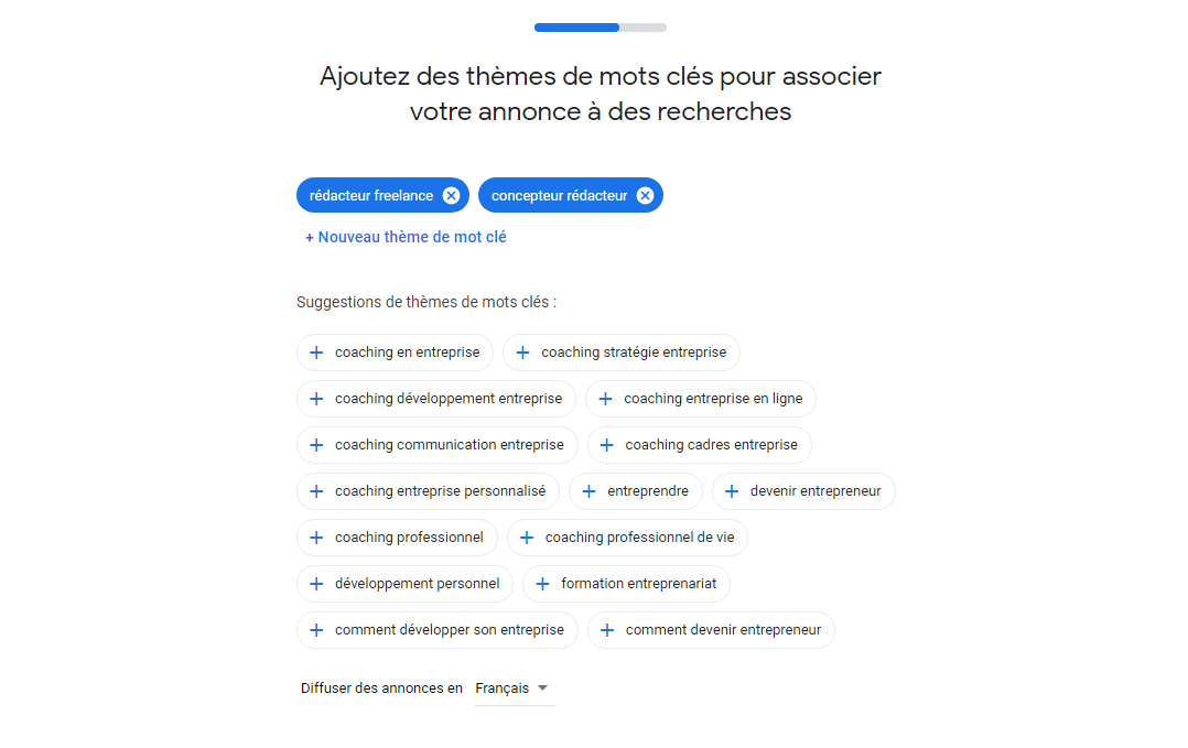 Ajout des mots clés sur Google Ads