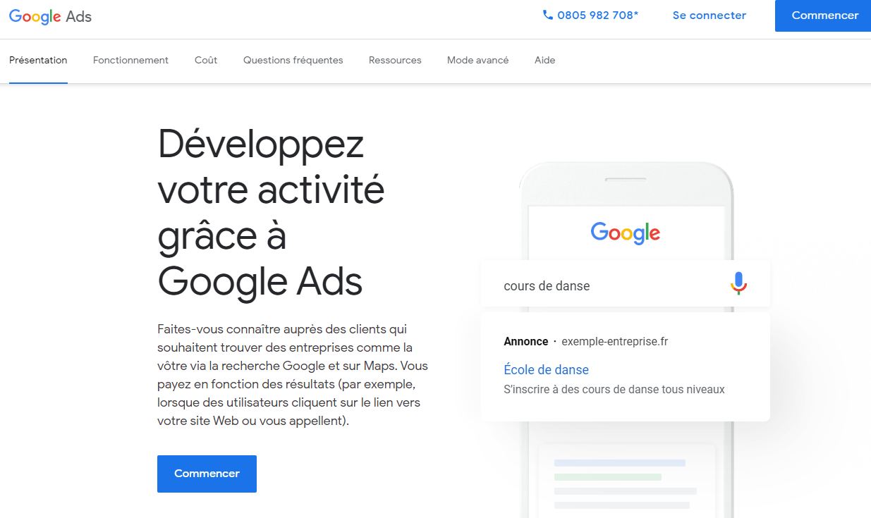 Page d'accueil Google Ads