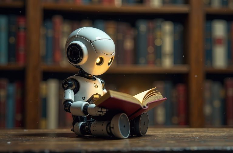 robot ai sits in the library and reads a book. Concept of text generation, AI training and information systematization