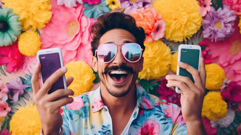 homme qui gère des réseaux sociaux en souriant