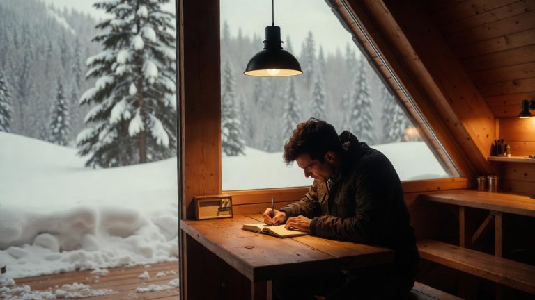 copywriter qui écrit dans un chalet